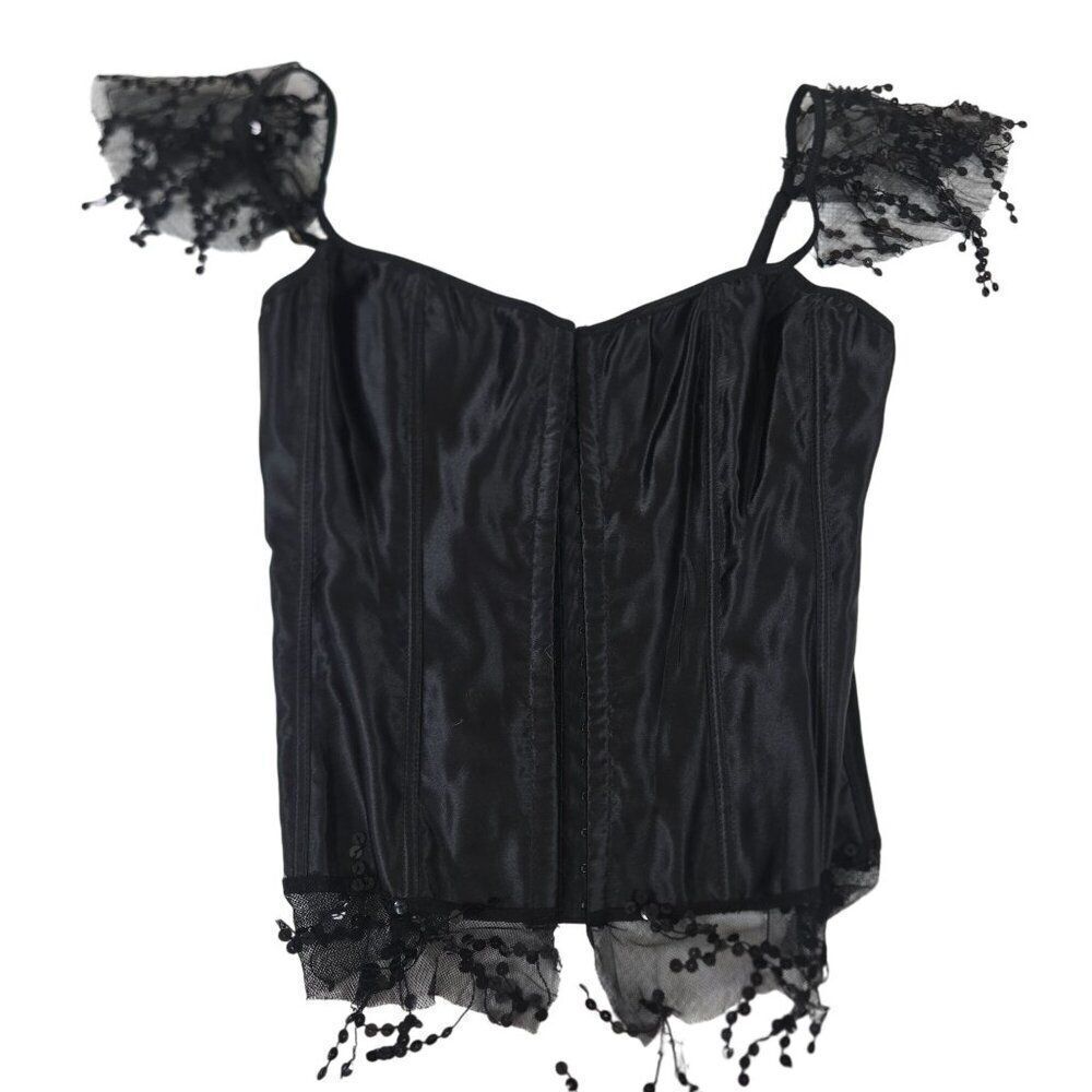 Vintage Y2K Over Bust Corset Top Black XL Lace Shoulders